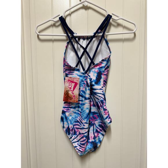 Kanu Surf Girls' Jasmine Beach Sport Halter One Piece Swimsuit, Camille Denim 12 - Picture 8 of 8